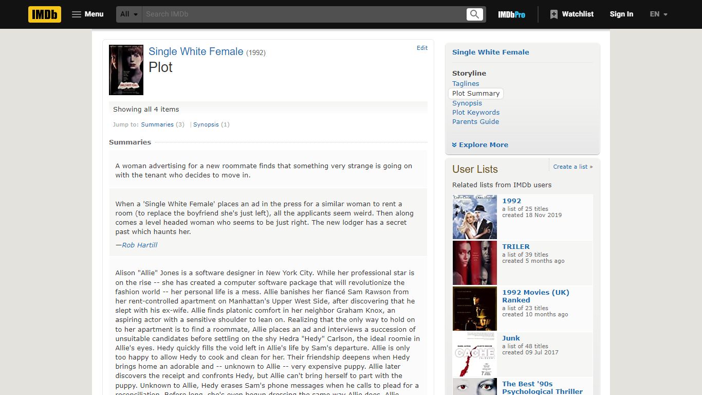 Single White Female (1992) - Plot Summary - IMDb